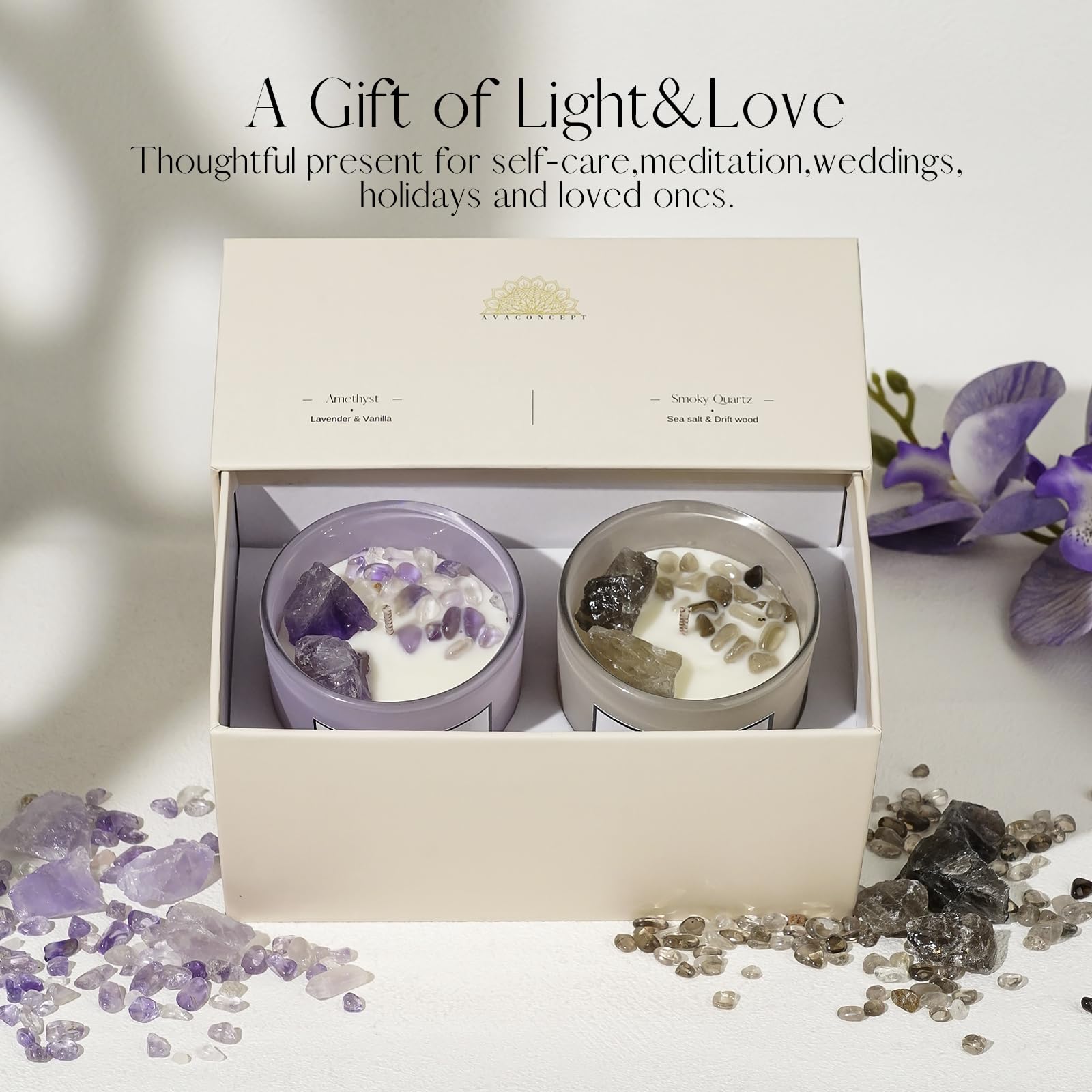 AVACONCEPT Crystal Infused Soy Wax Candle Gift Set Aromatherapy Scented Candles with Healing Crystals Natural Hand-Poured Luxury for Relaxation & Home Décor (Sunstone & Amethyst & Amazonite)