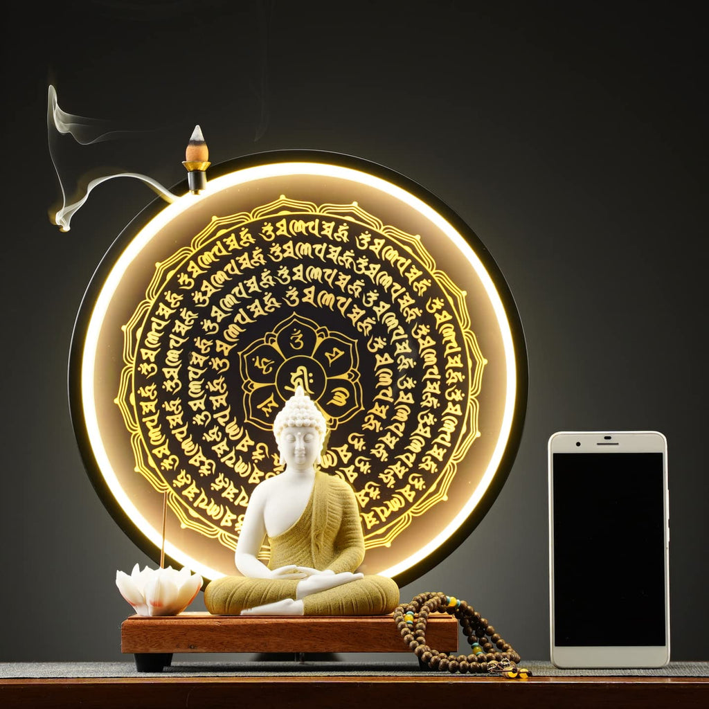 Houlu Yellow Buddha Statue and Circle LED Table Lamp, Ceramic Buddha Statue for Home Décor