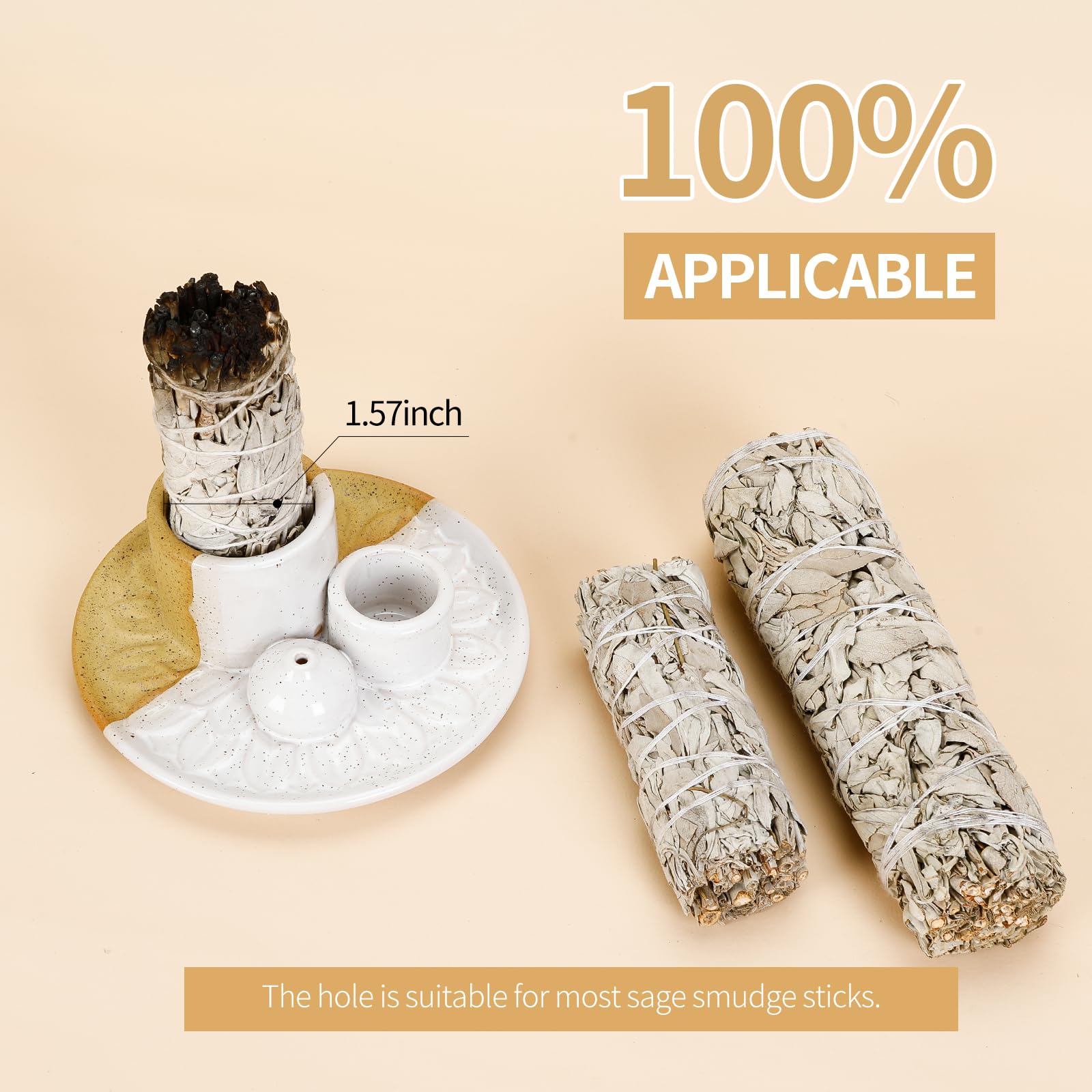 Handmade Ceramic Incense Burner for Palo Santo Incense Sticks, 4 in 1 Multi-Purpose Sage Holder for Burning, Ash Catcher Tray for Meditation Yoga Room (Golden)