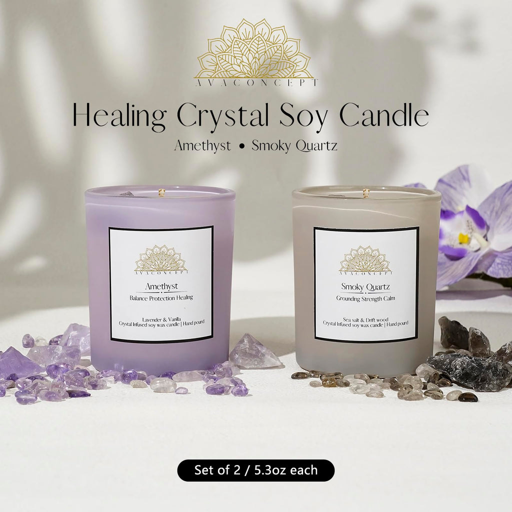 AVACONCEPT Crystal Infused Soy Wax Candle Gift Set Aromatherapy Scented Candles with Healing Crystals Natural Hand-Poured Luxury for Relaxation & Home Décor (Sunstone & Amethyst & Amazonite)