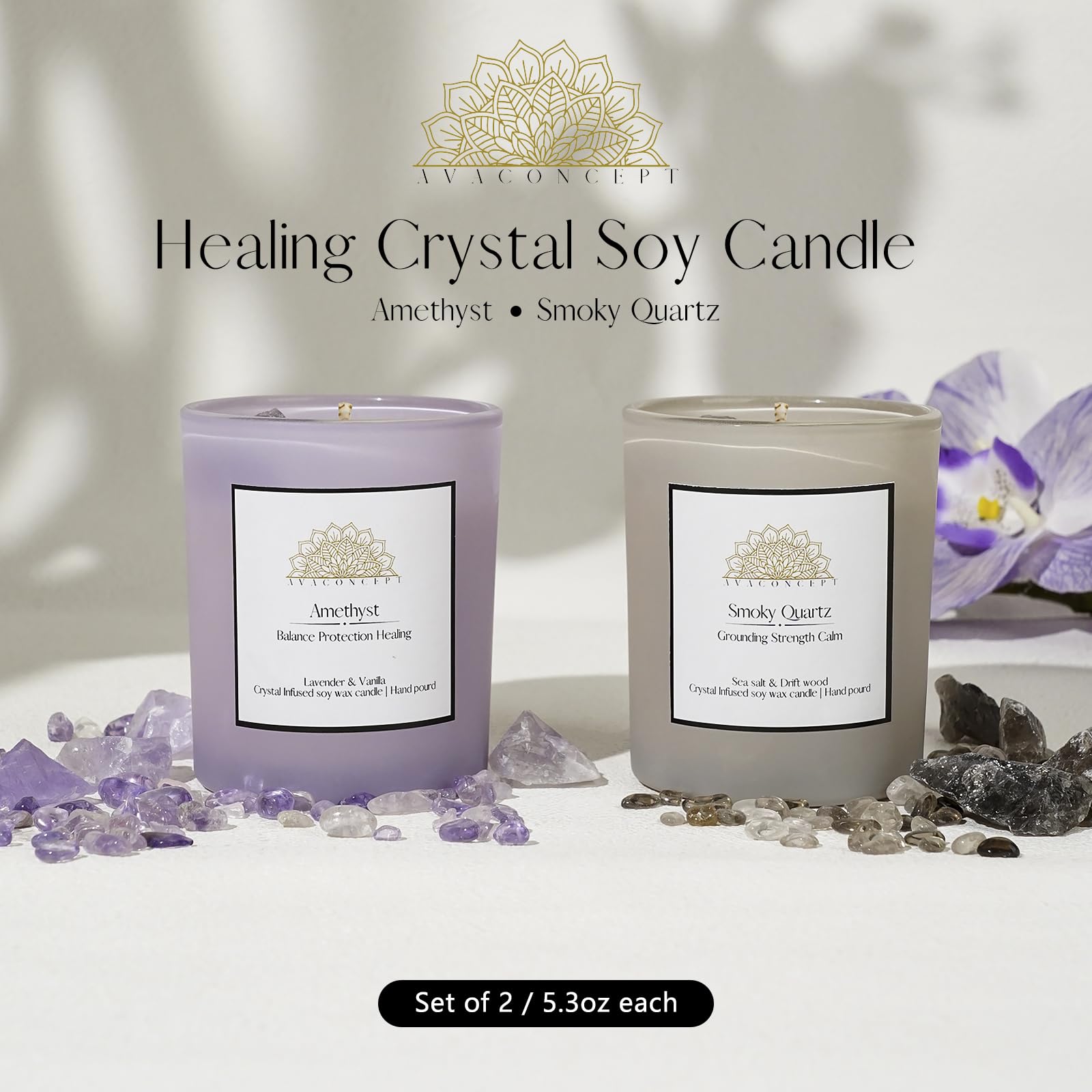AVACONCEPT Crystal Infused Soy Wax Candle Gift Set Aromatherapy Scented Candles with Healing Crystals Natural Hand-Poured Luxury for Relaxation & Home Décor (Sunstone & Amethyst & Amazonite)