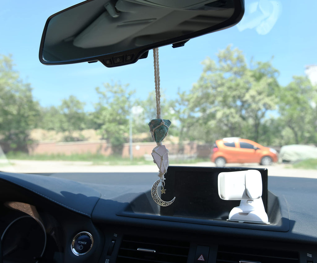 BOHO GARDEN Crystal Hanging Car Charm - Purple Rear View Mirror Hanging Car Accessories for Women, Moon Decor Hanging Ornament, Witchy Gifts and Healing Stones - Rose Quartz & Amethyst
