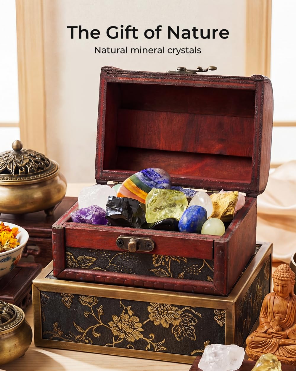 Crystals and Healing Stones, 9 Pcs Healing Crystals Set, 7 Chakra Crystal Stones Set Real Natural Selenite Pyramid Reiki Raw Rock Energy Protection Meditation with Wooden Box, Crystal Gifts for Women