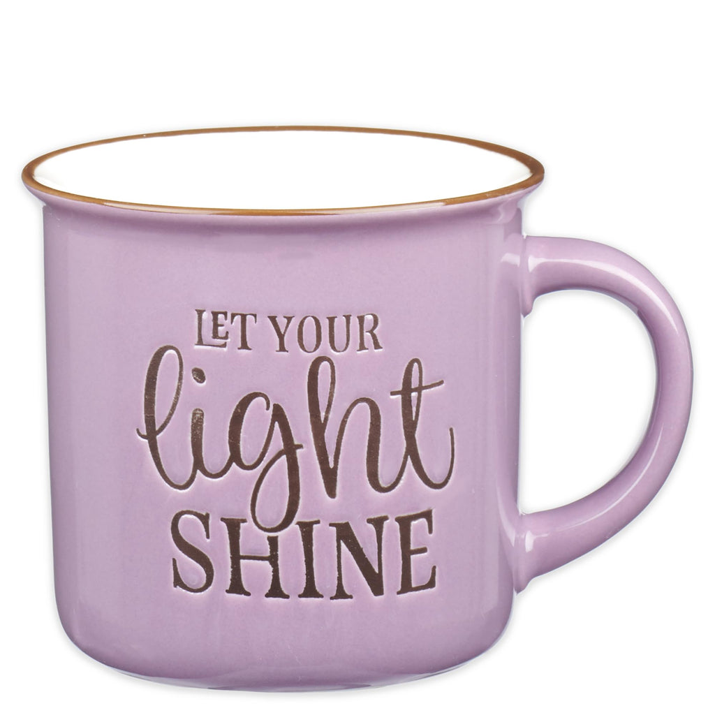 Christian Art Gifts Lavender Camp Style Ceramic Coffee Mug – 13 oz. Microwave & Dishwasher Safe Inspirational Scripture Coffee & Tea Mug for Women with Bible Verse: Let Your Light Shine – Matthew 5:16