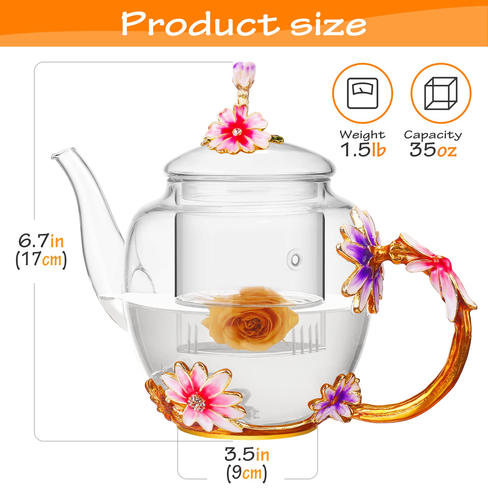 Luka Tech Enamel flower Lead-free Glass Coffee Mugs Tea Cup with Steel Spoon, Best Birthday Gifts For Women Wife Mom Friends Mothers Valentines Day Christmas (Purple-Tall)
