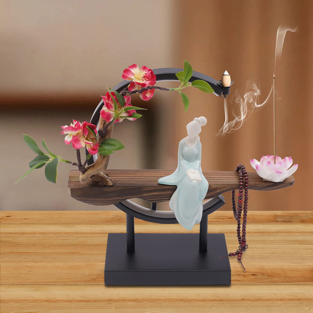 Backflow Incense Holder, Ceramic Incense Burner with Adjustable LED Light, Chinese Style Ornament Incense Holders with Backflow for Relaxing and Home Decor