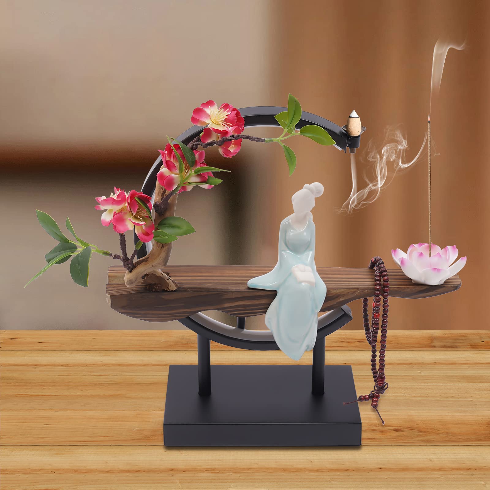 Backflow Incense Holder, Ceramic Incense Burner with Adjustable LED Light, Chinese Style Ornament Incense Holders with Backflow for Relaxing and Home Decor