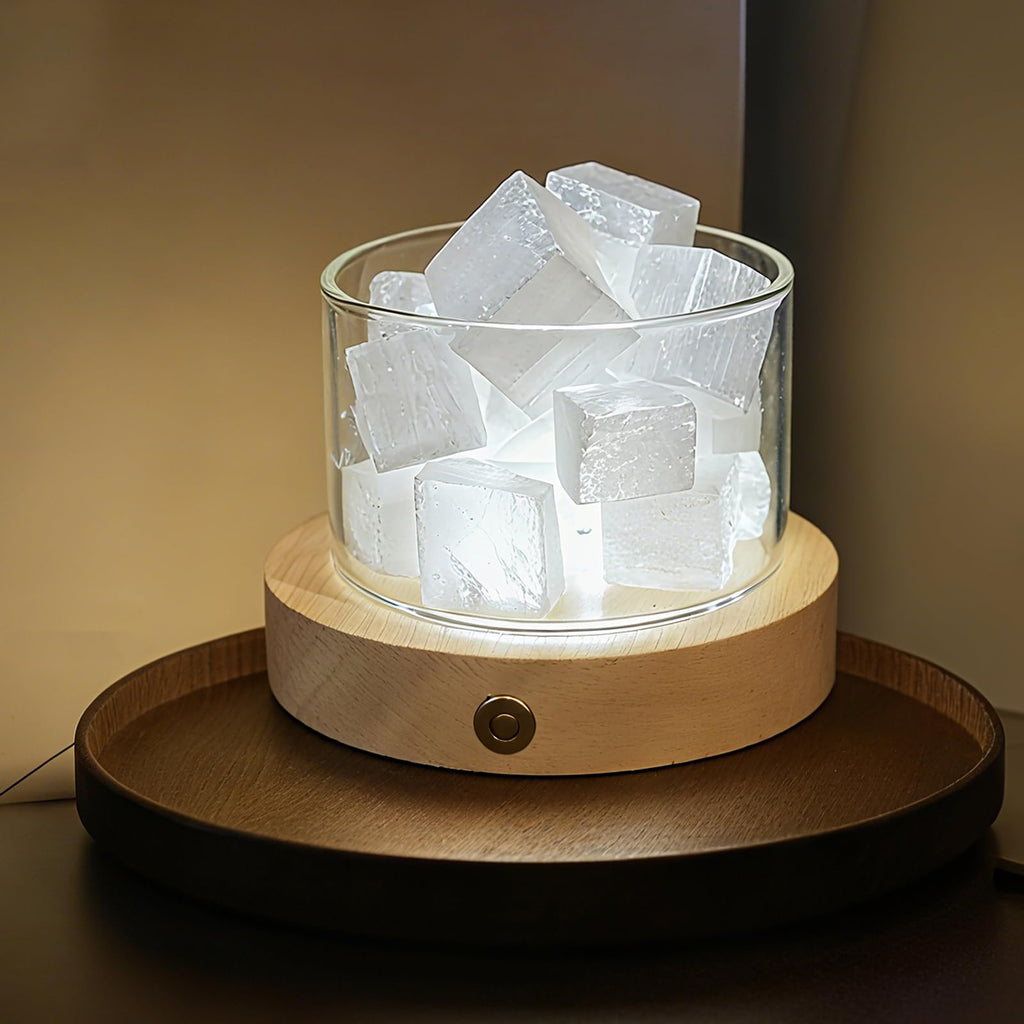 Selenite Crystal Lamp with Wooden Base Selenite Crystals Gift for Women Healing Birthday Meditation Yoga Spiritual Chakra Reiki Energy Cleansing Night Light Home Office Decor