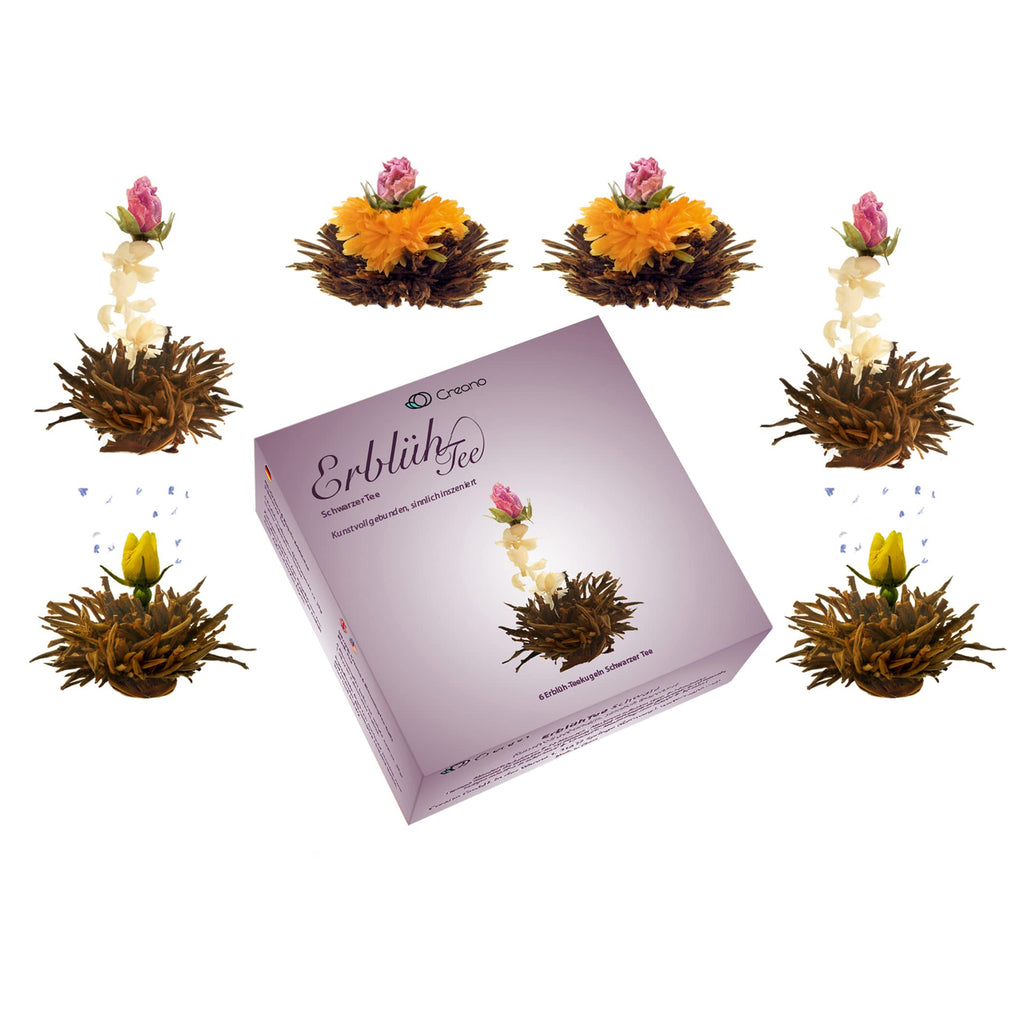 Creano Blooming Tea Gift Set with Glass Teapot 17oz (500ml) - Green Tea Fruity Flavoured Tea Flowers in 6 Varieties - Flowering Tea Gift for Easter