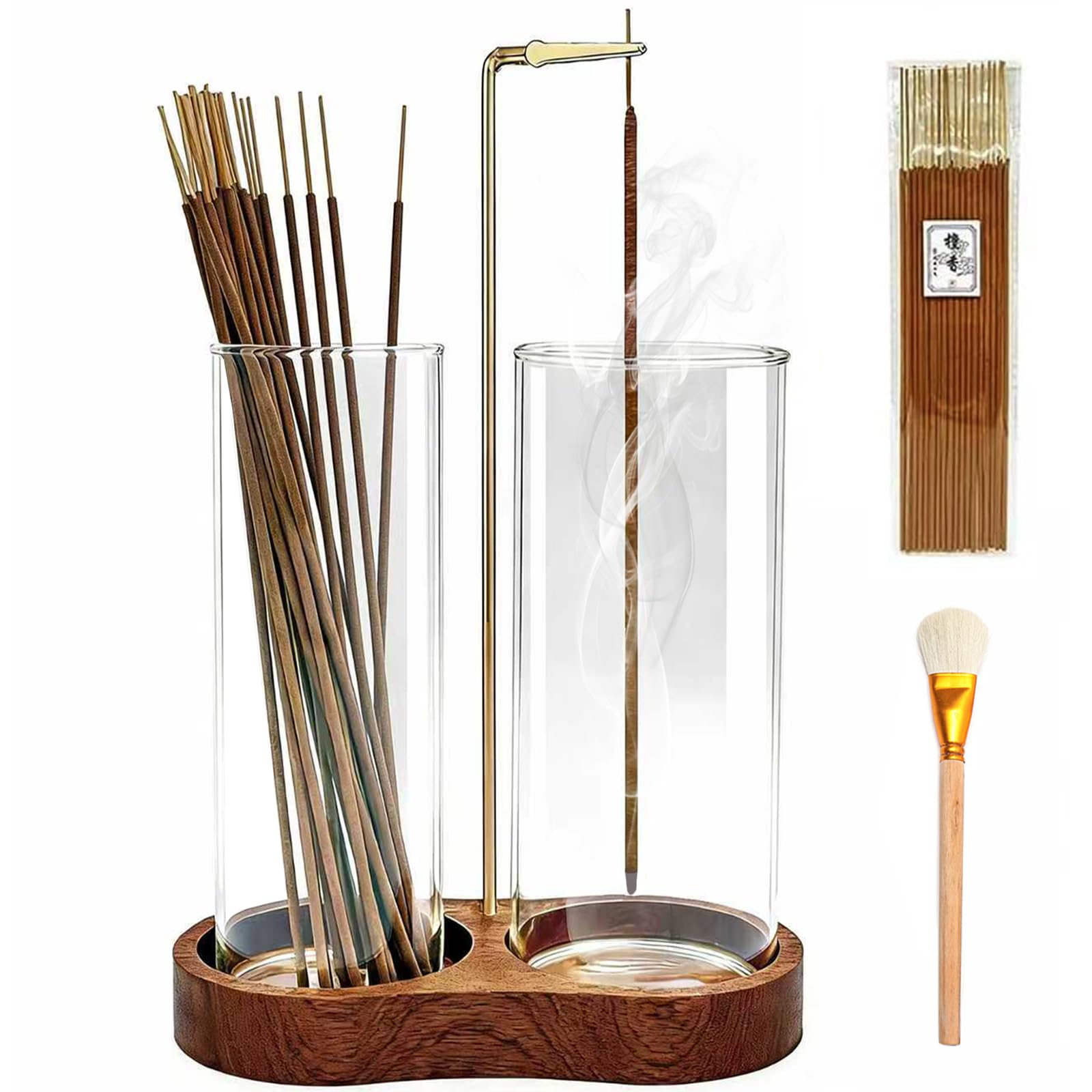 Ceremony Incense Holder, Wooden Incense Holder for Sticks with Glass Ash Catcher, Anti-ash Incense Burner with 20 Incense Sticks and a Ash Brush for Meditation Yoga Spa Room Decor