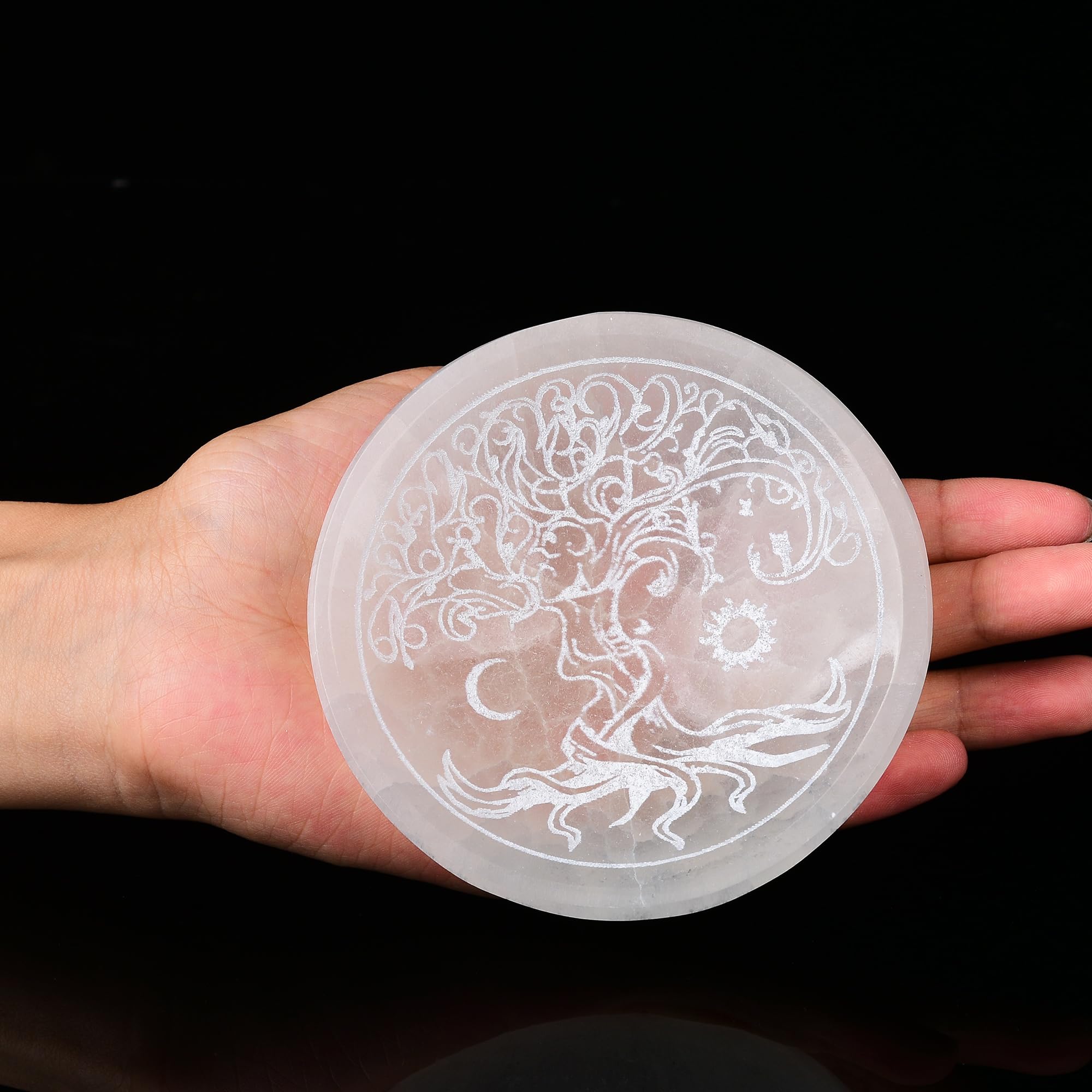 AMOYSTONE Natural Selenite Charging Bowl with Mandala Engraving 3.5-4'' Energy Cleansing Crystal Plate for Healing Meditation and Spiritual Home Decor