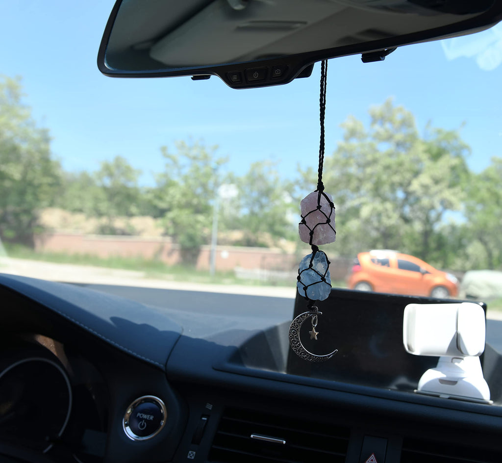 BOHO GARDEN Crystal Hanging Car Charm - Purple Rear View Mirror Hanging Car Accessories for Women, Moon Decor Hanging Ornament, Witchy Gifts and Healing Stones - Rose Quartz & Amethyst