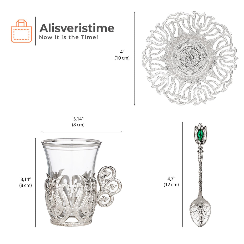 Alisveristime (SET OF 6 Handmade Turkish Tea Water Zamzam Serving Set Glasses Saucer and Spoon (Ottoman) (Gold)