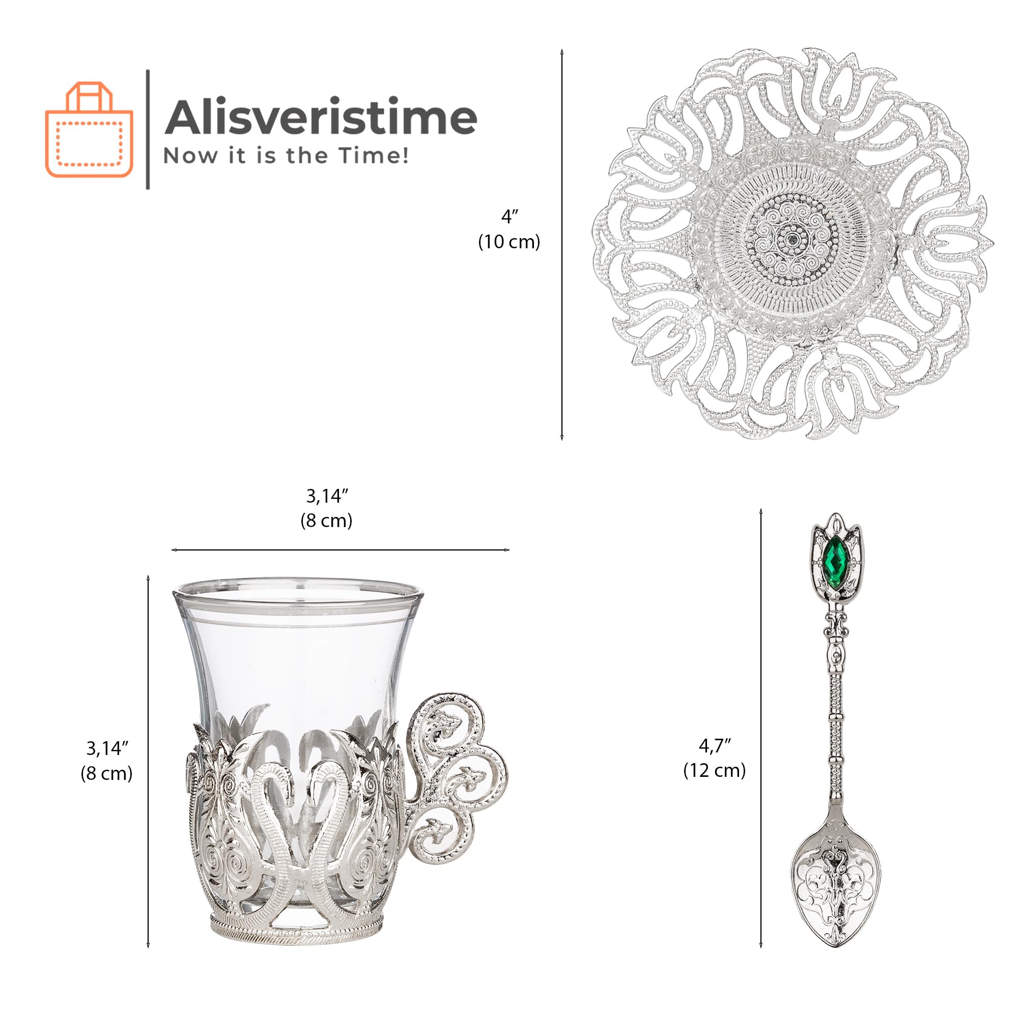 Alisveristime (SET OF 6 Handmade Turkish Tea Water Zamzam Serving Set Glasses Saucer and Spoon (Ottoman) (Gold)