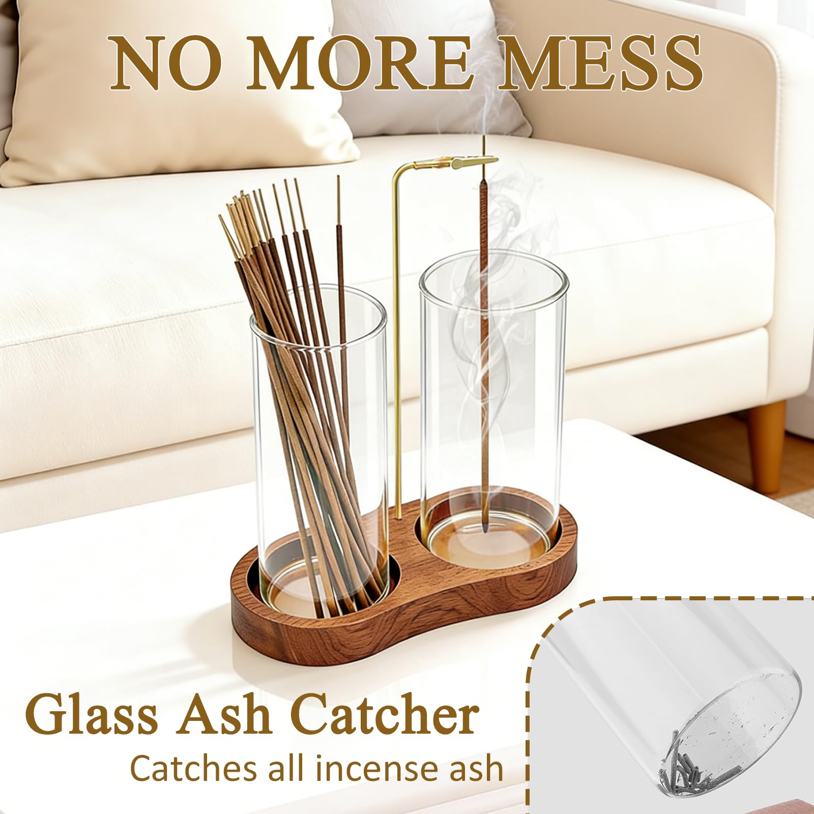 Ceremony Incense Holder, Wooden Incense Holder for Sticks with Glass Ash Catcher, Anti-ash Incense Burner with 20 Incense Sticks and a Ash Brush for Meditation Yoga Spa Room Decor