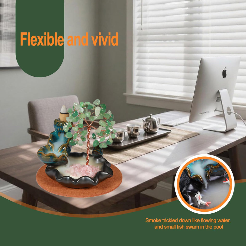 Waterfall Burner, Crystal Tree Backflow Incense Holder, with 30 Incense Cones, 30 Incense Stick, 1 Healing Crystal Necklace, Aromatherapy Anxiety Relief Items, Mom Gifts for Christmas