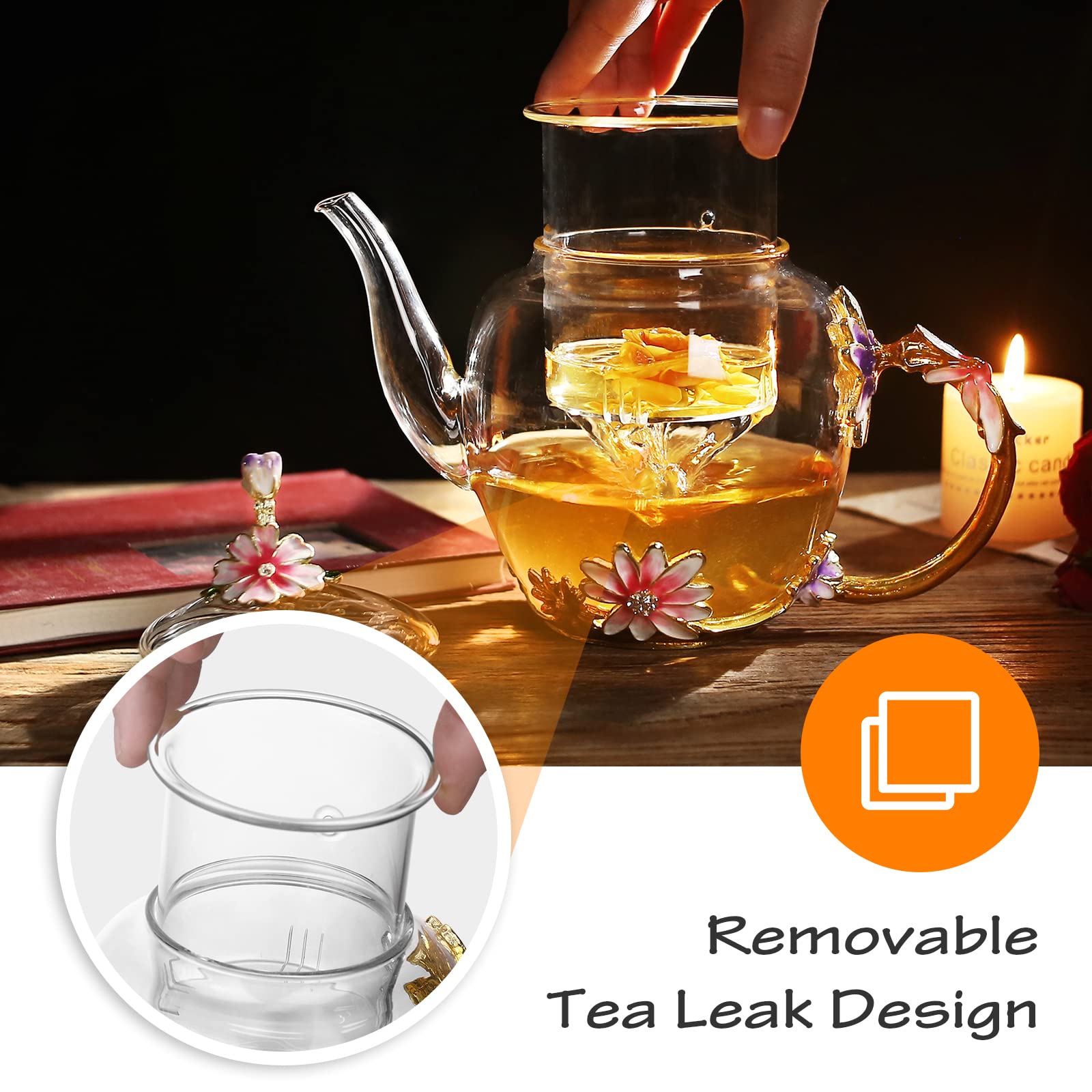 Luka Tech Enamel flower Lead-free Glass Coffee Mugs Tea Cup with Steel Spoon, Best Birthday Gifts For Women Wife Mom Friends Mothers Valentines Day Christmas (Purple-Tall)