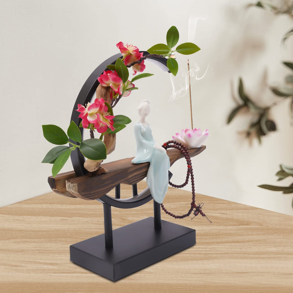 Backflow Incense Holder, Ceramic Incense Burner with Adjustable LED Light, Chinese Style Ornament Incense Holders with Backflow for Relaxing and Home Decor