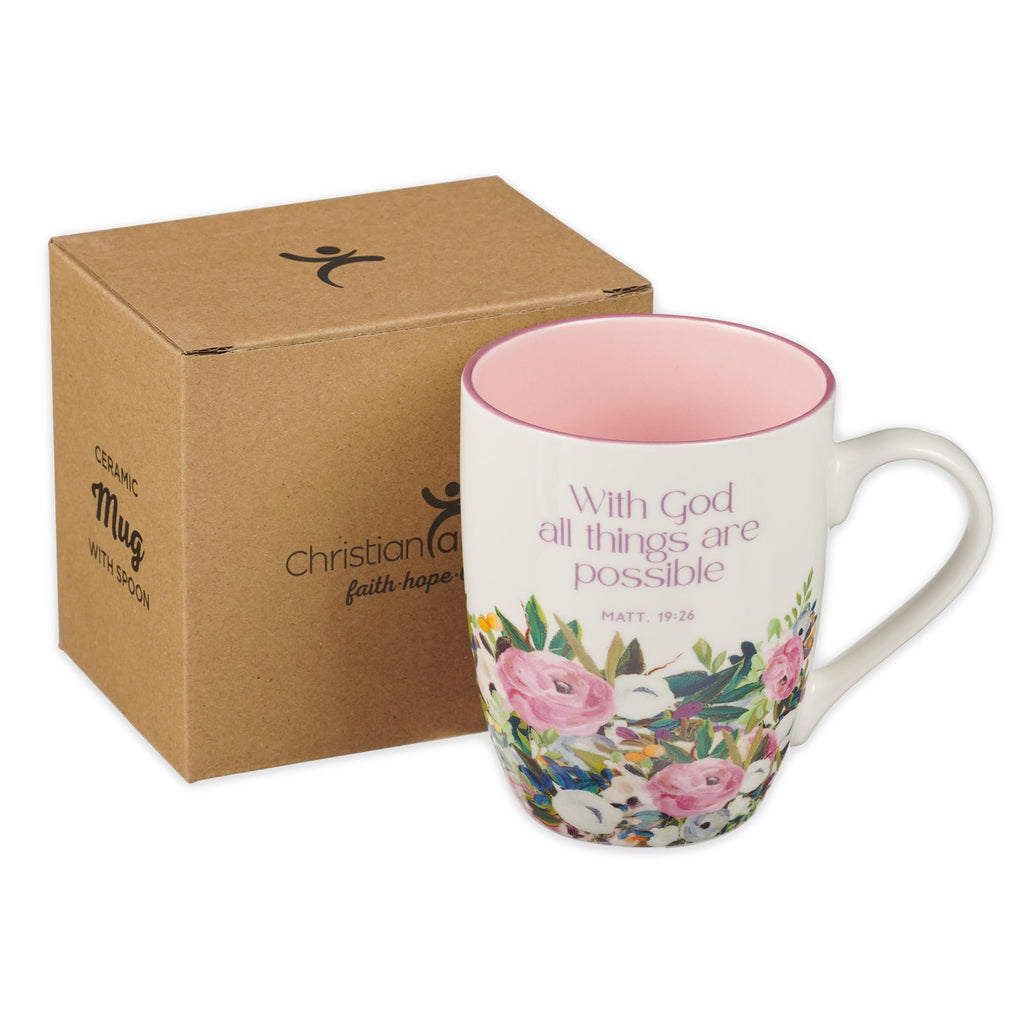 Christian Art Gifts Inspirational Ceramic Coffee & Tea Scripture Mug for Women: All Things are Possible Encouraging Bible Verse, Cute Microwave & Dishwasher Safe Drinkware, White & Pink Floral, 12 oz.