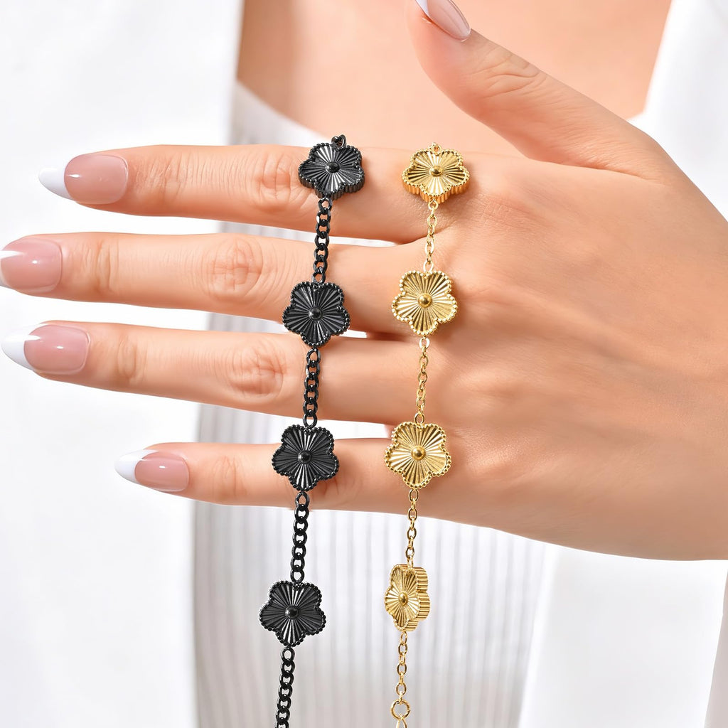 VNOX 2 PCS Floral Bracelets for Men Women -Womens Mens Stainless Steel Gold Cuban Chain Link Bracelet Lucky Charm Four Clover Flower Bracelets Trendy Jewelry Gifts