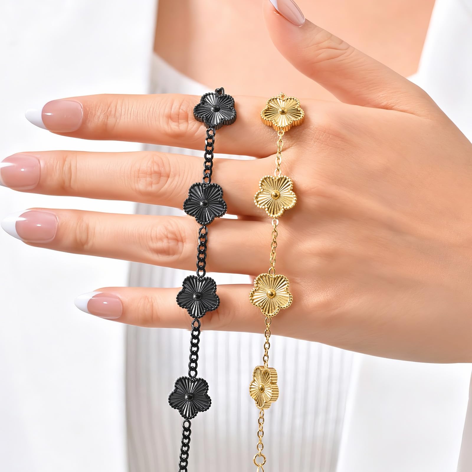 VNOX 2 PCS Floral Bracelets for Men Women -Womens Mens Stainless Steel Gold Cuban Chain Link Bracelet Lucky Charm Four Clover Flower Bracelets Trendy Jewelry Gifts