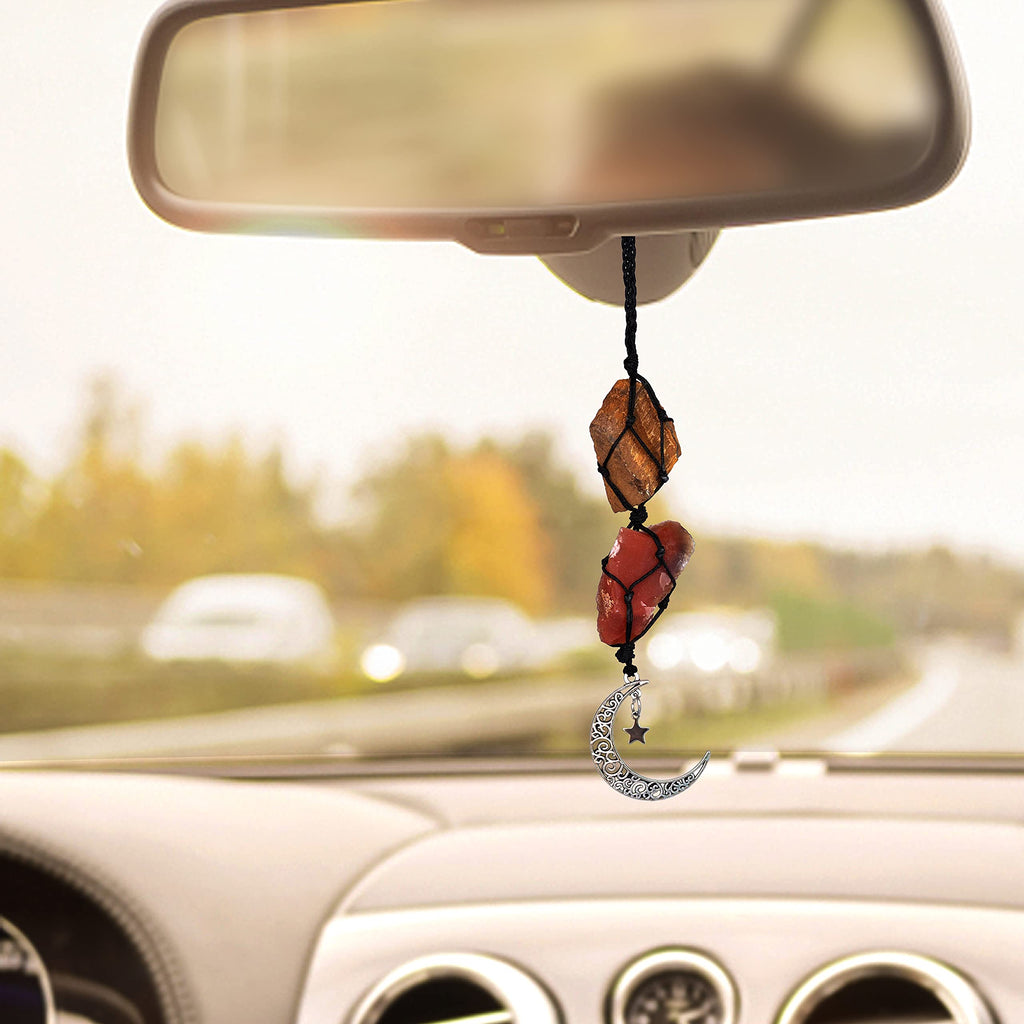 BOHO GARDEN Crystal Hanging Car Charm - Purple Rear View Mirror Hanging Car Accessories for Women, Moon Decor Hanging Ornament, Witchy Gifts and Healing Stones - Rose Quartz & Amethyst