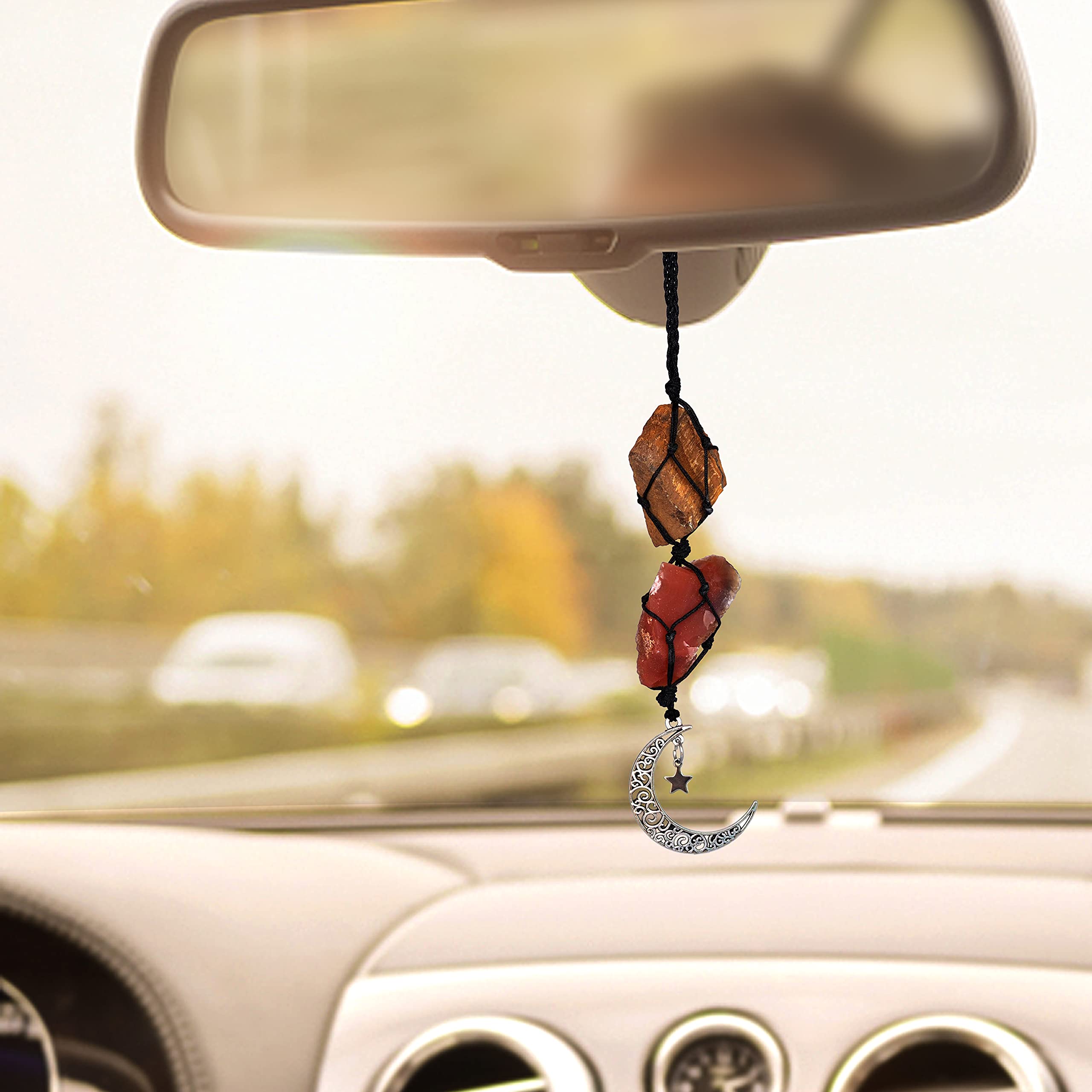 BOHO GARDEN Crystal Hanging Car Charm - Purple Rear View Mirror Hanging Car Accessories for Women, Moon Decor Hanging Ornament, Witchy Gifts and Healing Stones - Rose Quartz & Amethyst