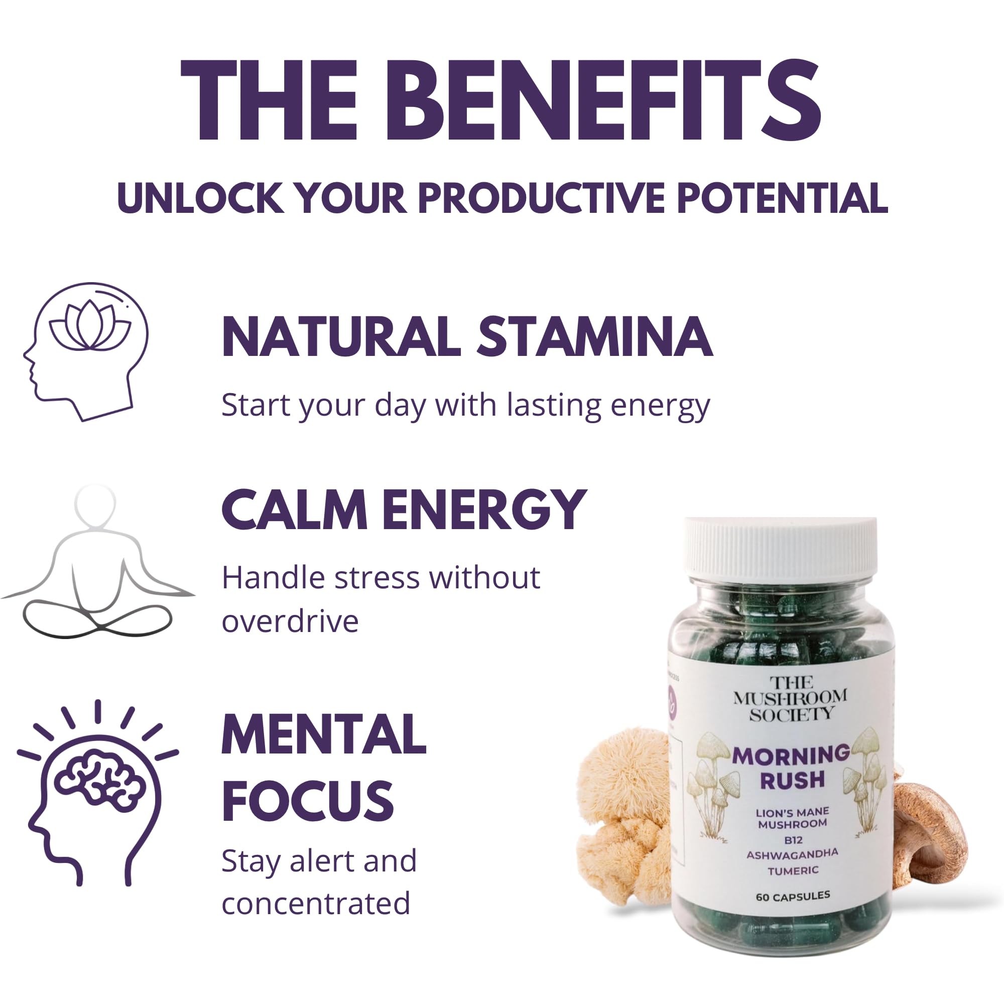 Morning Rush - Lion’s Mane, Ashwagandha, Turmeric & B12 Extract Blend Supplement - Focus & Energy Support - 60 Vegan Capsules