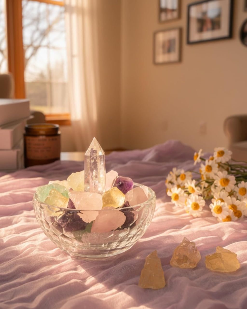 Crystal Decor Bowl Set – 4" Glass Cleansing Bowl with Real Healing Crystals: Clear Quartz Tower, Amethyst, Rose Quartz, Citrine & Fluorite – Meditation Decor & Spiritual Gift Box