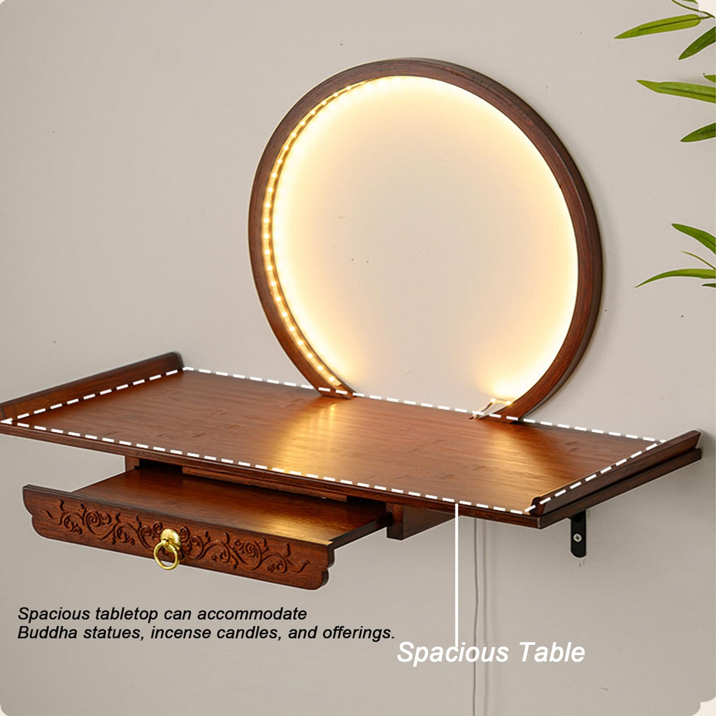 Wall-Mounted Buddha Statue Stand with LED, Small Buddhist Shrine Altar Table, Retractable Bamboo Prayer Offering Table for Living Room (Rosewood Color, 60cm/23.6in)