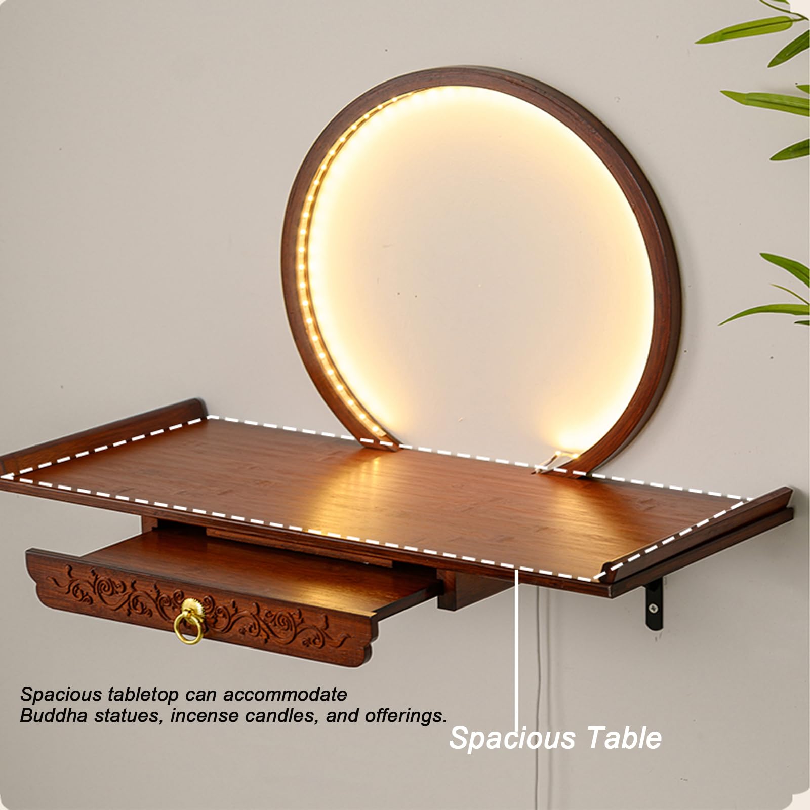 Wall-Mounted Buddha Statue Stand with LED, Small Buddhist Shrine Altar Table, Retractable Bamboo Prayer Offering Table for Living Room (Rosewood Color, 60cm/23.6in)