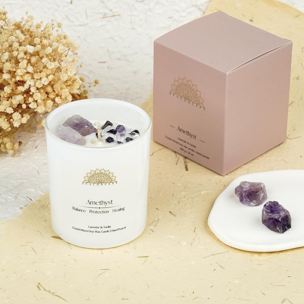 AVACONCEPT Crystal Infused Soy Wax Candle Gift Set Aromatherapy Scented Candles with Healing Crystals Natural Hand-Poured Luxury for Relaxation & Home Décor (Sunstone & Amethyst & Amazonite)