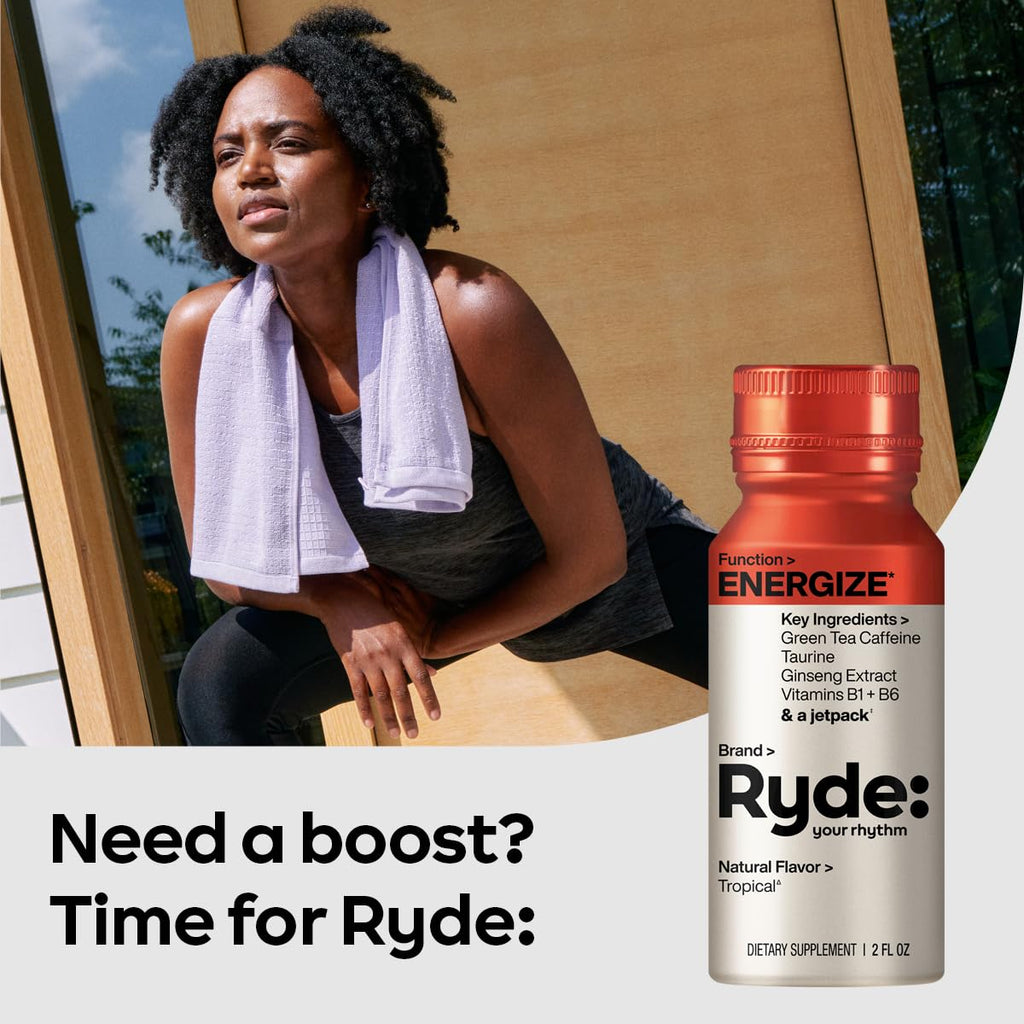 Ryde: Energize Shot | Tropical Flavor | Green Tea Caffeine, Taurine, Ginseng Extract & B Vitamins | 0 Calories, 0 Sugar | 2 FL OZ Shots | Boosts energy* (8 Pack)