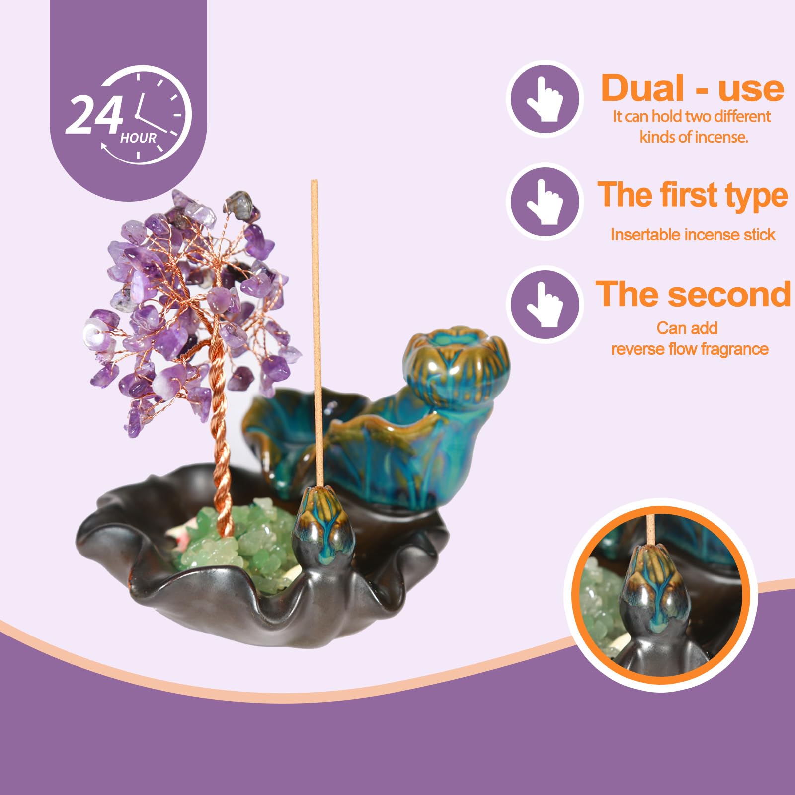 Waterfall Burner, Crystal Tree Backflow Incense Holder, with 30 Incense Cones, 30 Incense Stick, 1 Healing Crystal Necklace, Aromatherapy Anxiety Relief Items, Mom Gifts for Christmas