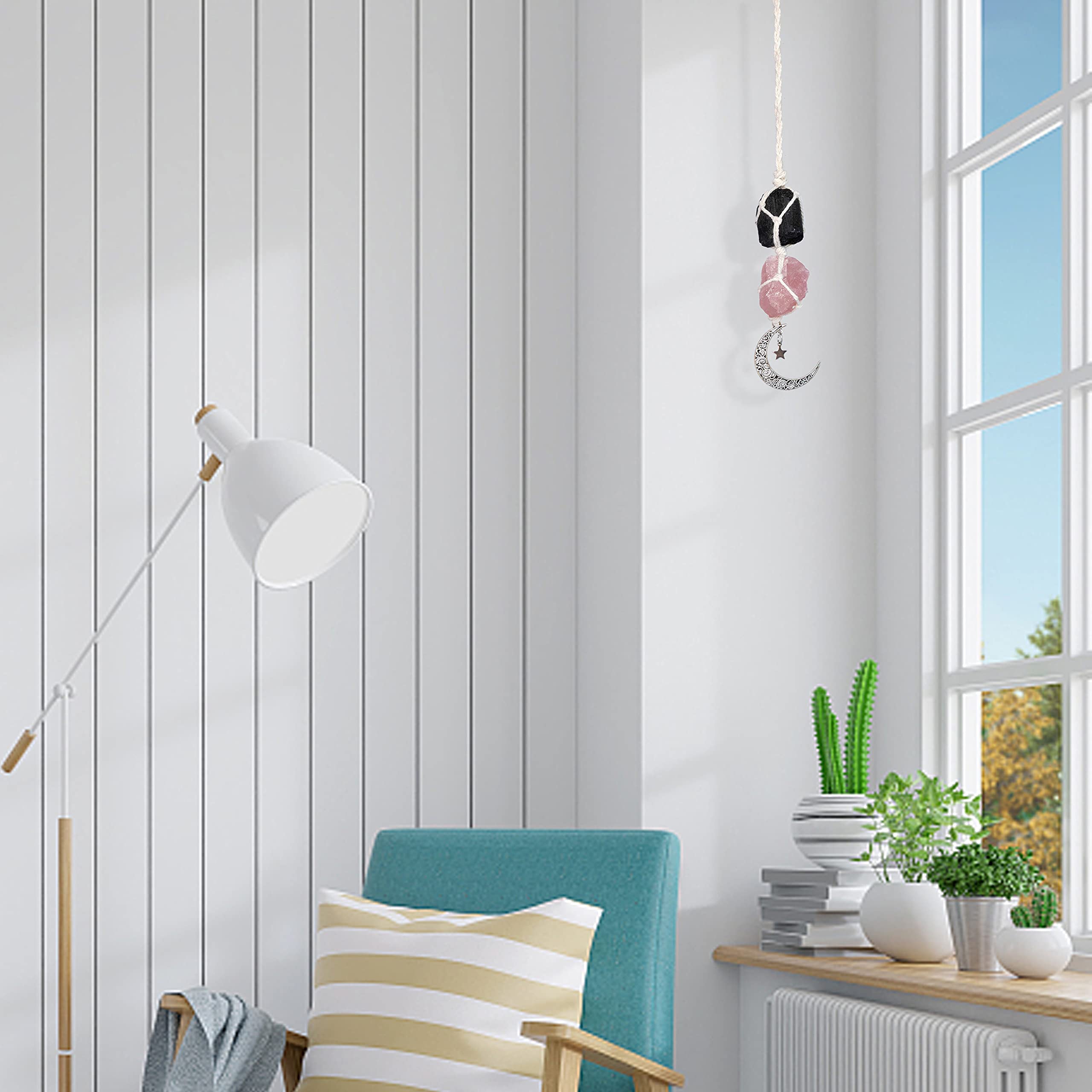 BOHO GARDEN Crystal Hanging Car Charm - Purple Rear View Mirror Hanging Car Accessories for Women, Moon Decor Hanging Ornament, Witchy Gifts and Healing Stones - Rose Quartz & Amethyst