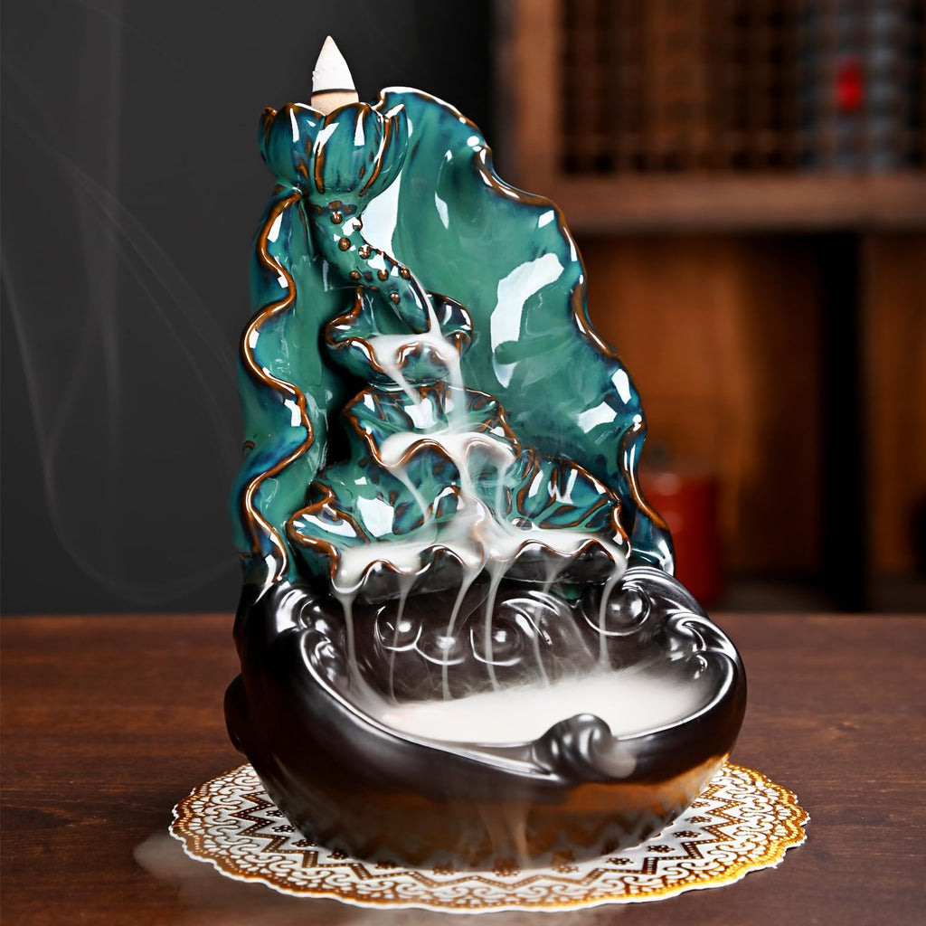 Mountain Waterfall Incense Burner，Backfall Incense Holder River, Incense Falls Meditation Decor for Room with Upgrade Incense Cones and Accessories (5in1 Palo Santo)