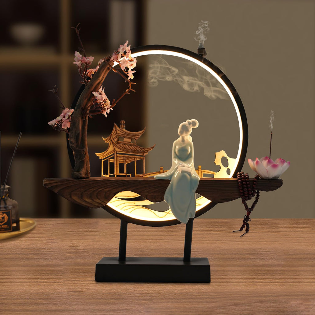 Backflow Incense Holder, Ceramic Incense Burner with Adjustable LED Light, Chinese Style Ornament Incense Holders with Backflow for Relaxing and Home Decor