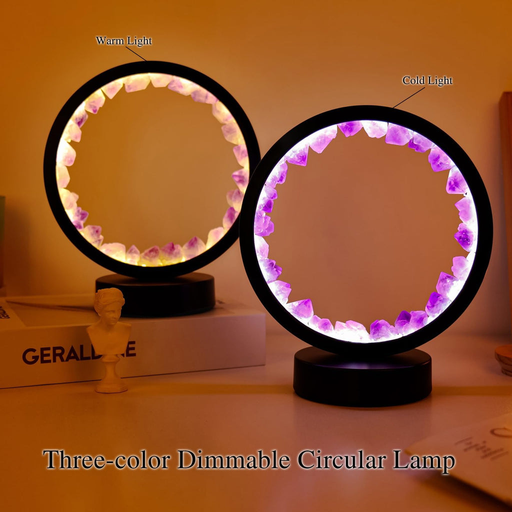 Runyangshi Amethyst Night Lamp 8.6" Natural Healing Crystal Bedside Lamp USB Port 3 Colours Dimming Mode Bedroom Lamp Suitable Night Light for Living Room Bedroom Office Home Decor Ideal Gift