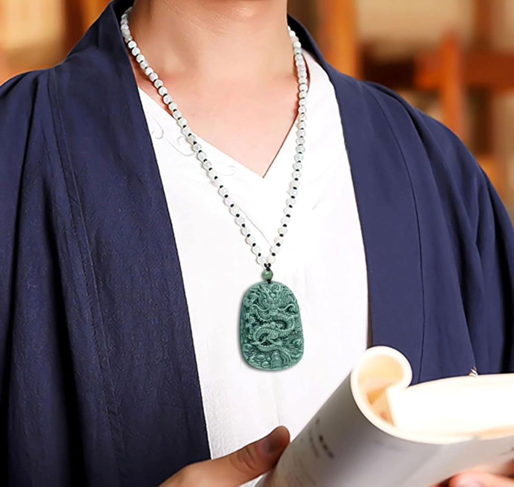 Natural Jade Dragon Pendant Necklace Grade A Untreated Burmese Jadeite Certified Hand carved Double-sided Delicate Carving Green Amulet for Men and Women