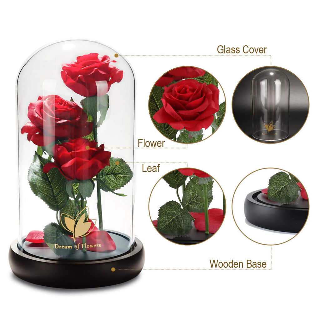 Valentine's Day Gifts for her, Eternal Rose in Glass Dome - Beauty and The Beast Inspired Keepsake, Gifts for Mom/Wife/Grandma, Preserved Roses with LED Light for Birthday/Anniversary