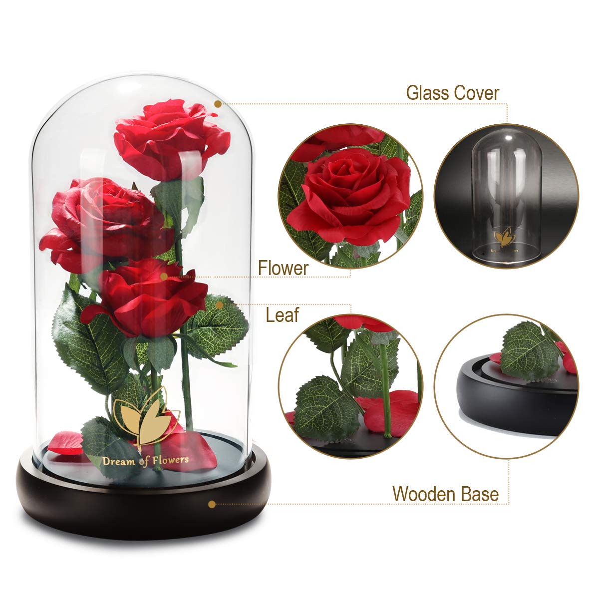 Valentine's Day Gifts for her, Eternal Rose in Glass Dome - Beauty and The Beast Inspired Keepsake, Gifts for Mom/Wife/Grandma, Preserved Roses with LED Light for Birthday/Anniversary