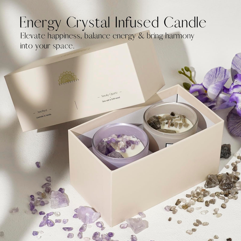 AVACONCEPT Crystal Infused Soy Wax Candle Gift Set Aromatherapy Scented Candles with Healing Crystals Natural Hand-Poured Luxury for Relaxation & Home Décor (Sunstone & Amethyst & Amazonite)