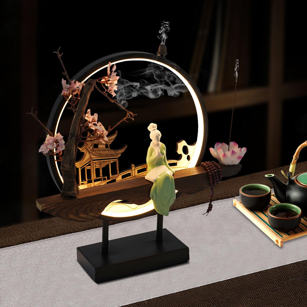 Backflow Incense Holder, Ceramic Incense Burner with Adjustable LED Light, Chinese Style Ornament Incense Holders with Backflow for Relaxing and Home Decor