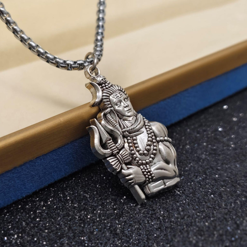 Stainless Steel Shiva's Trishul Damaru Pendant with Chain for Men, Anti-Tarnish Mahadev Mahakal Bholenath Necklace for Men & Women - Oxidized Silver Finish