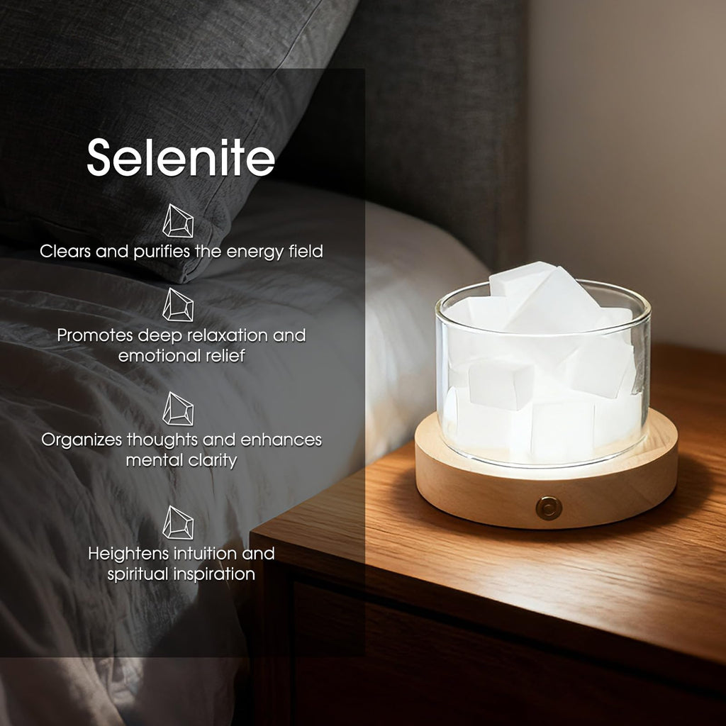 Selenite Crystal Lamp with Wooden Base Selenite Crystals Gift for Women Healing Birthday Meditation Yoga Spiritual Chakra Reiki Energy Cleansing Night Light Home Office Decor