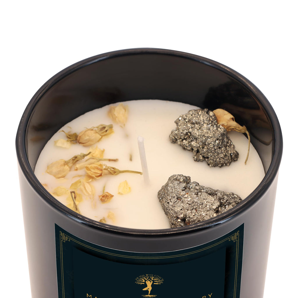 Aromatherapy Scented Candle for Women & Men - Infused with Rose Petals, Cannabis, & Amethyst Crystals - 100% Cotton Wick, 50 Hrs Burn Time & 10.5 Oz Hand-Poured Soy Candle for Relaxation & Mindfulness