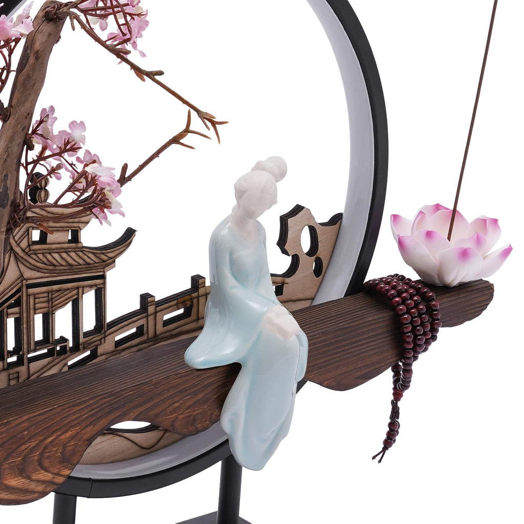 Backflow Incense Holder, Ceramic Incense Burner with Adjustable LED Light, Chinese Style Ornament Incense Holders with Backflow for Relaxing and Home Decor