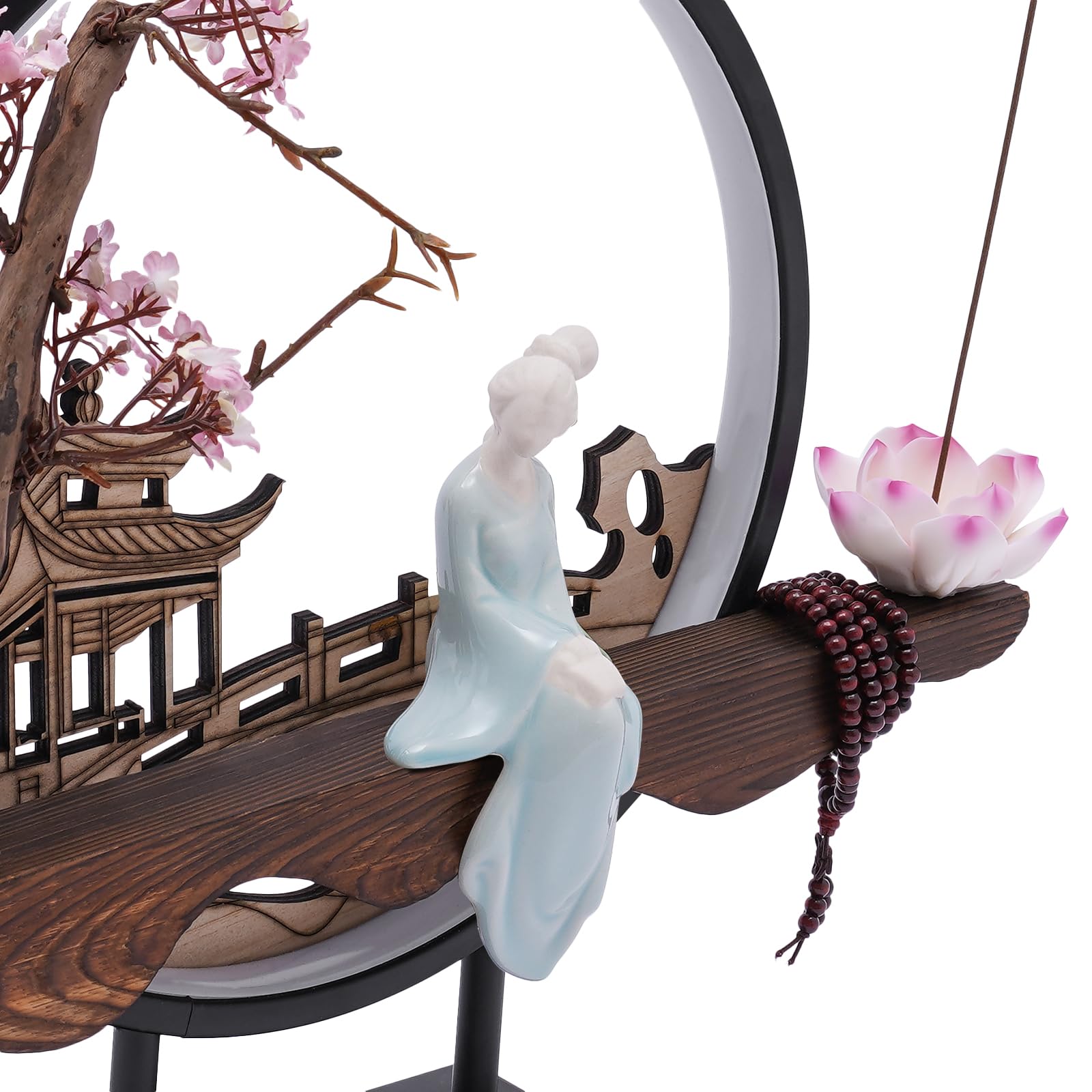 Backflow Incense Holder, Ceramic Incense Burner with Adjustable LED Light, Chinese Style Ornament Incense Holders with Backflow for Relaxing and Home Decor