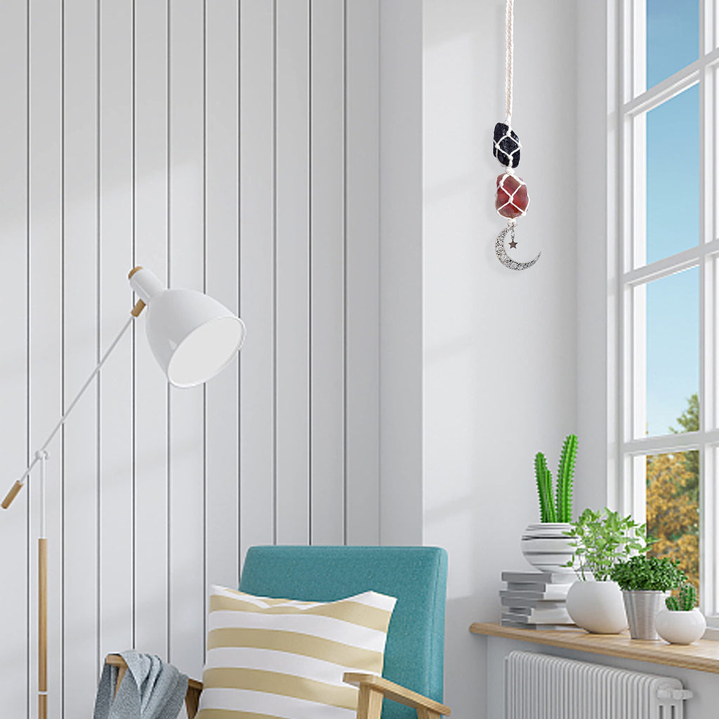 BOHO GARDEN Crystal Hanging Car Charm - Purple Rear View Mirror Hanging Car Accessories for Women, Moon Decor Hanging Ornament, Witchy Gifts and Healing Stones - Rose Quartz & Amethyst