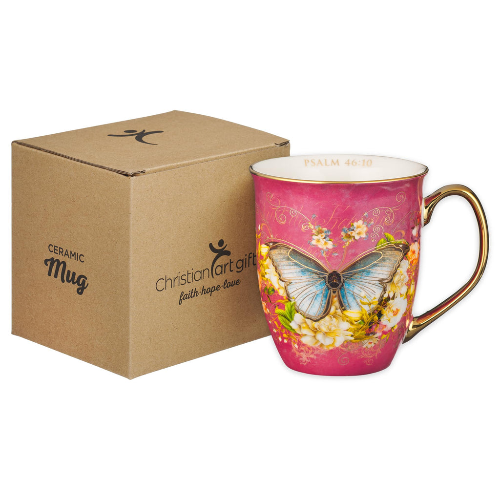 Christian Art Gifts Pink Butterfly Ceramic Coffee Mug with Gold Accents – 14 oz. Lead and Cadmium-free Inspirational Scripture Coffee and Tea Mug for Women with Bible Verse: Be Still – Psalm 46:10
